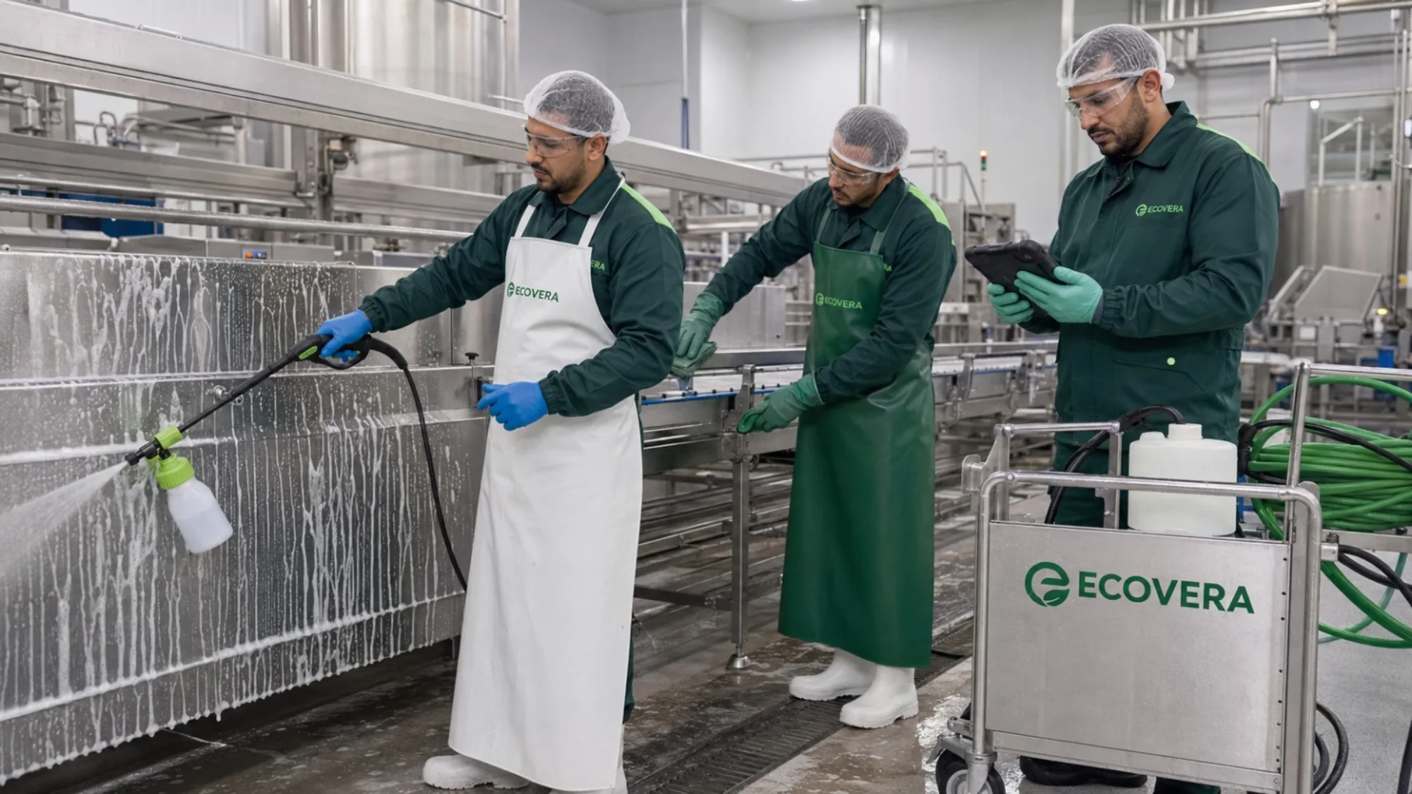 Équipe ECOVERA nettoyant une ligne de production agroalimentaire