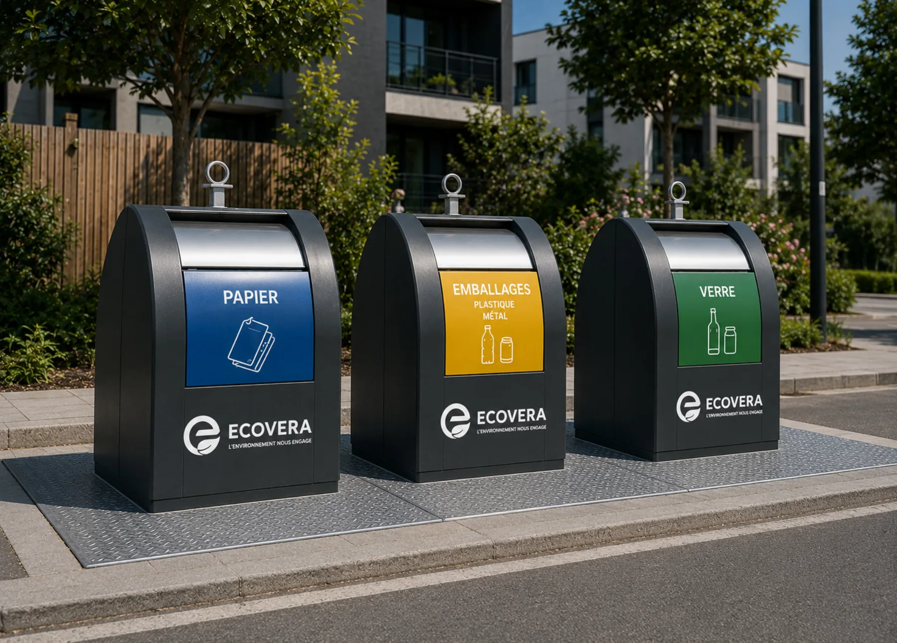 Bornes de tri sélectif ECOVERA papier, emballages et verre sur la voirie