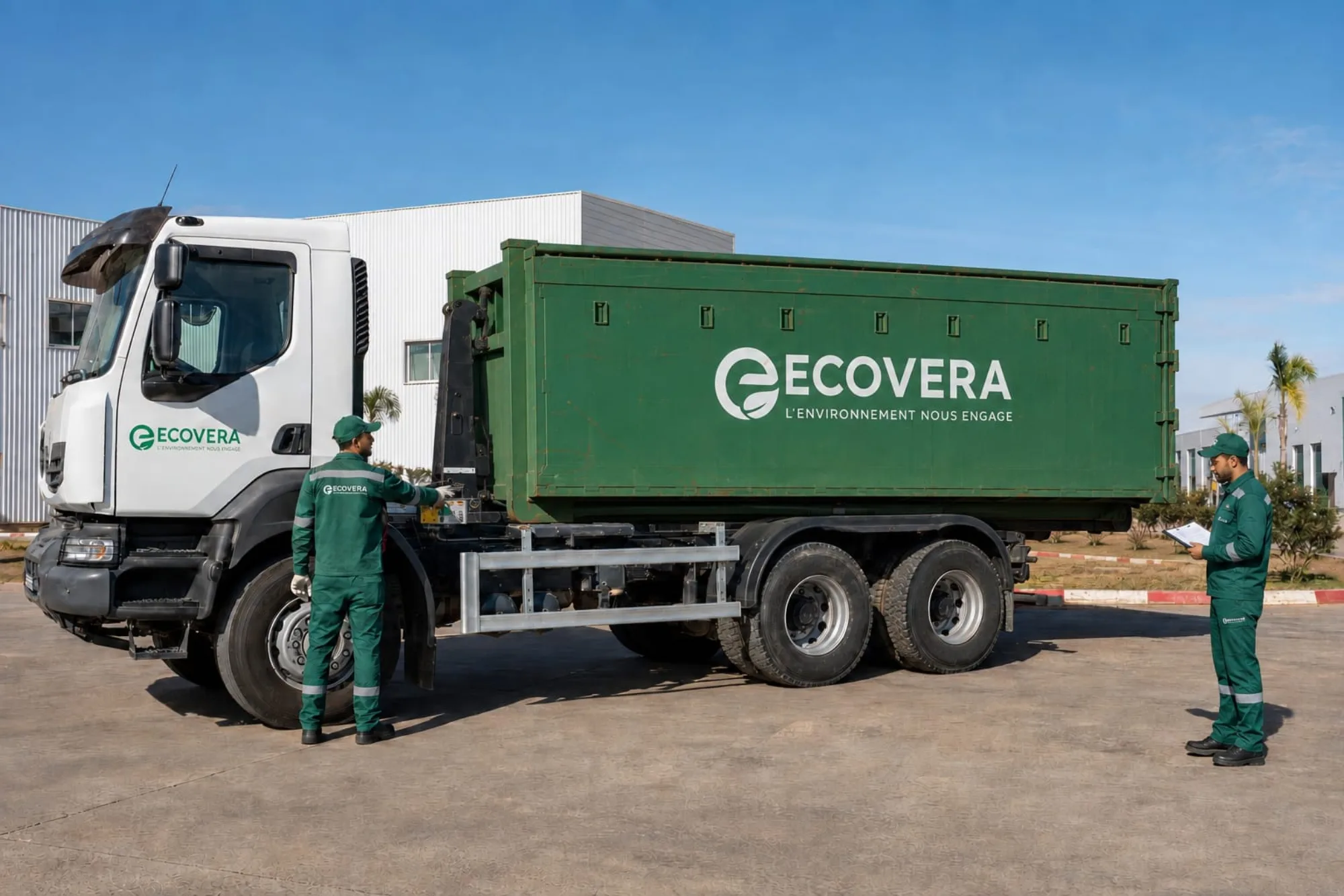 Benne ampliroll ECOVERA déchargée sur un site industriel, agents au sol