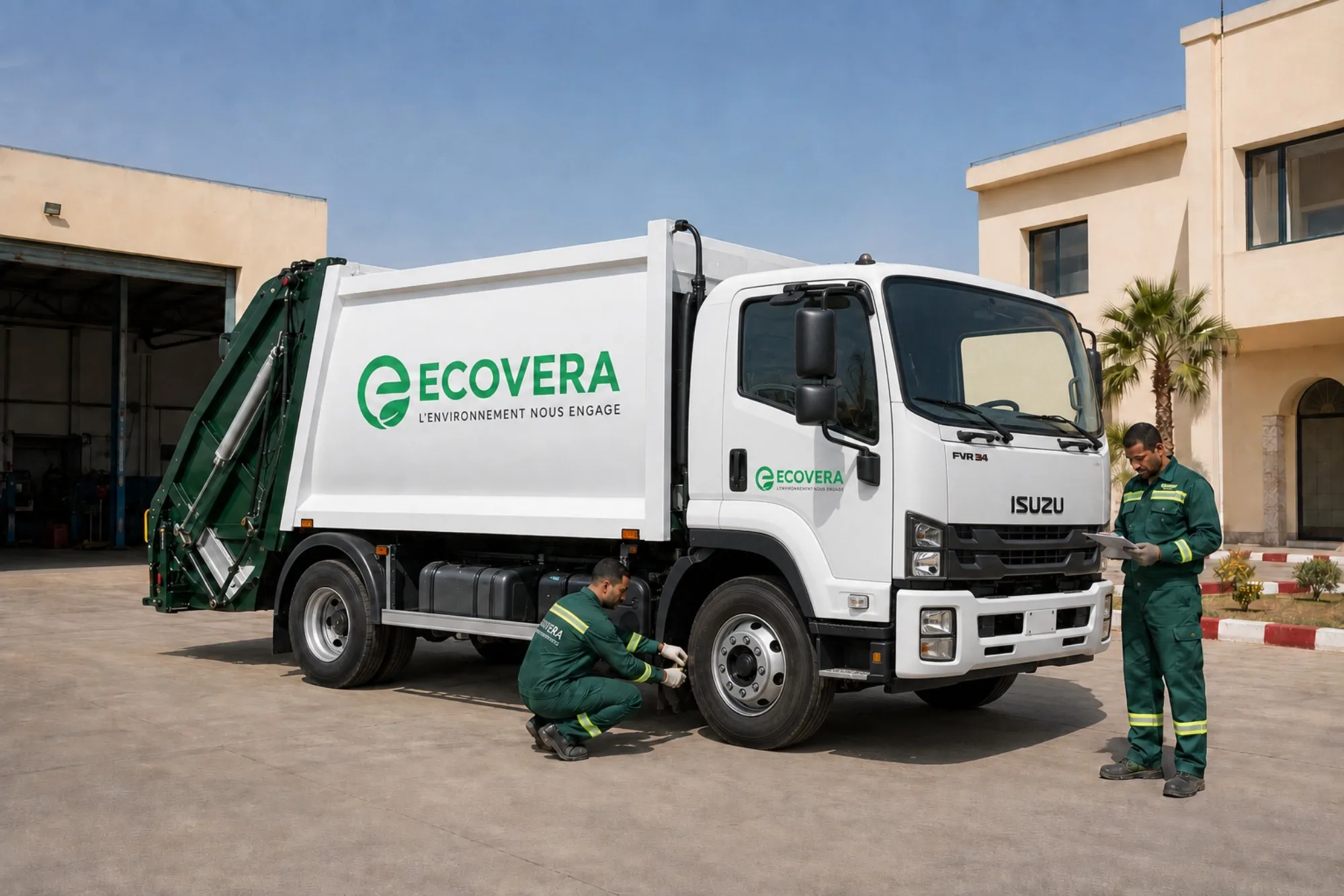 Agent ECOVERA contrôlant un camion-benne, collègue relevant un bordereau