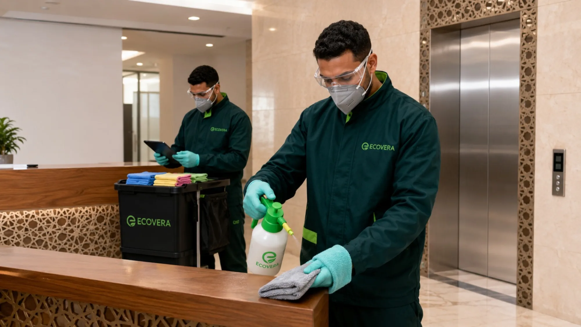Agent ECOVERA désinfectant le comptoir d'accueil d'un établissement