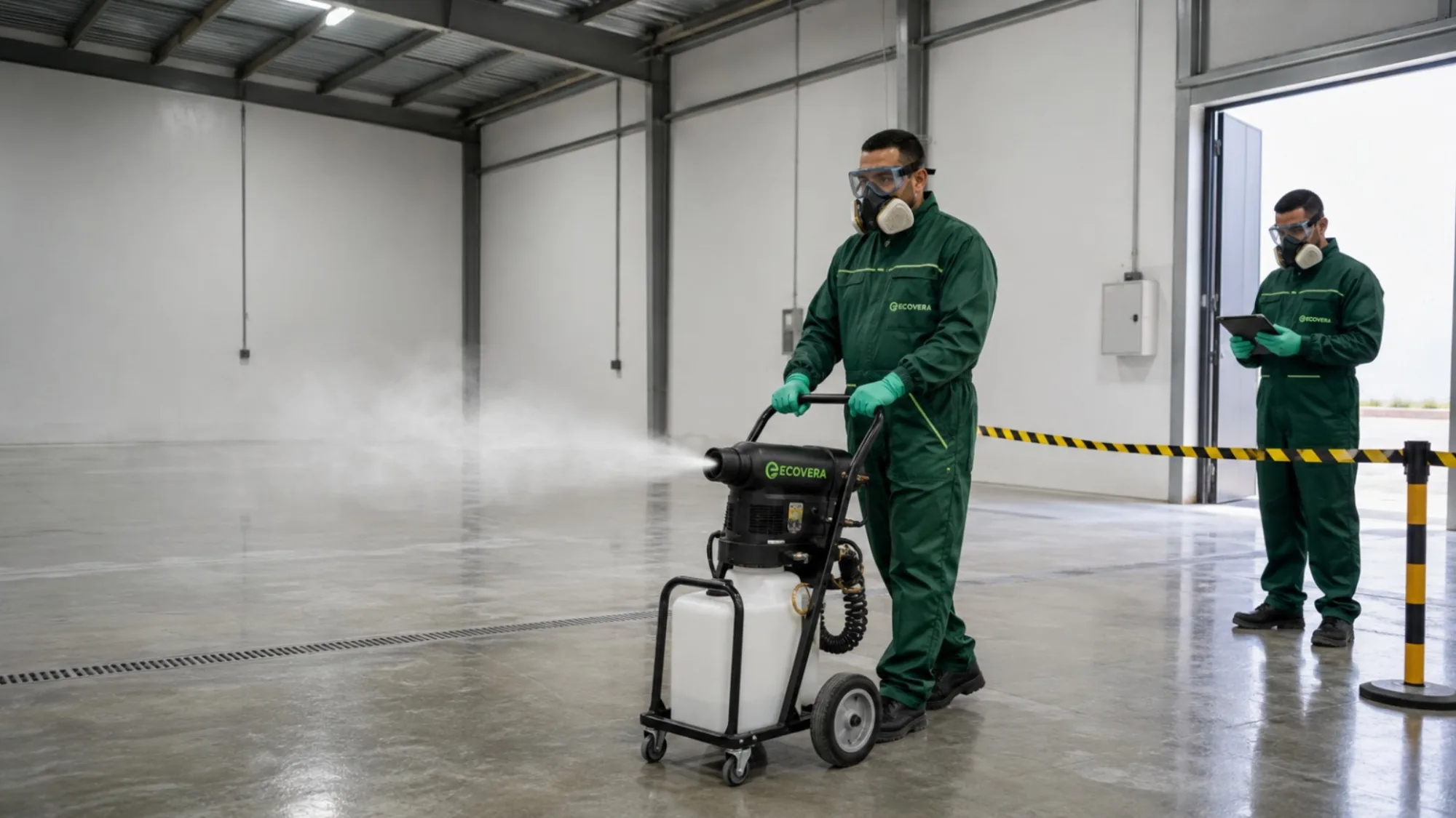 Agent ECOVERA en désinfection par brumisation dans un entrepôt industriel