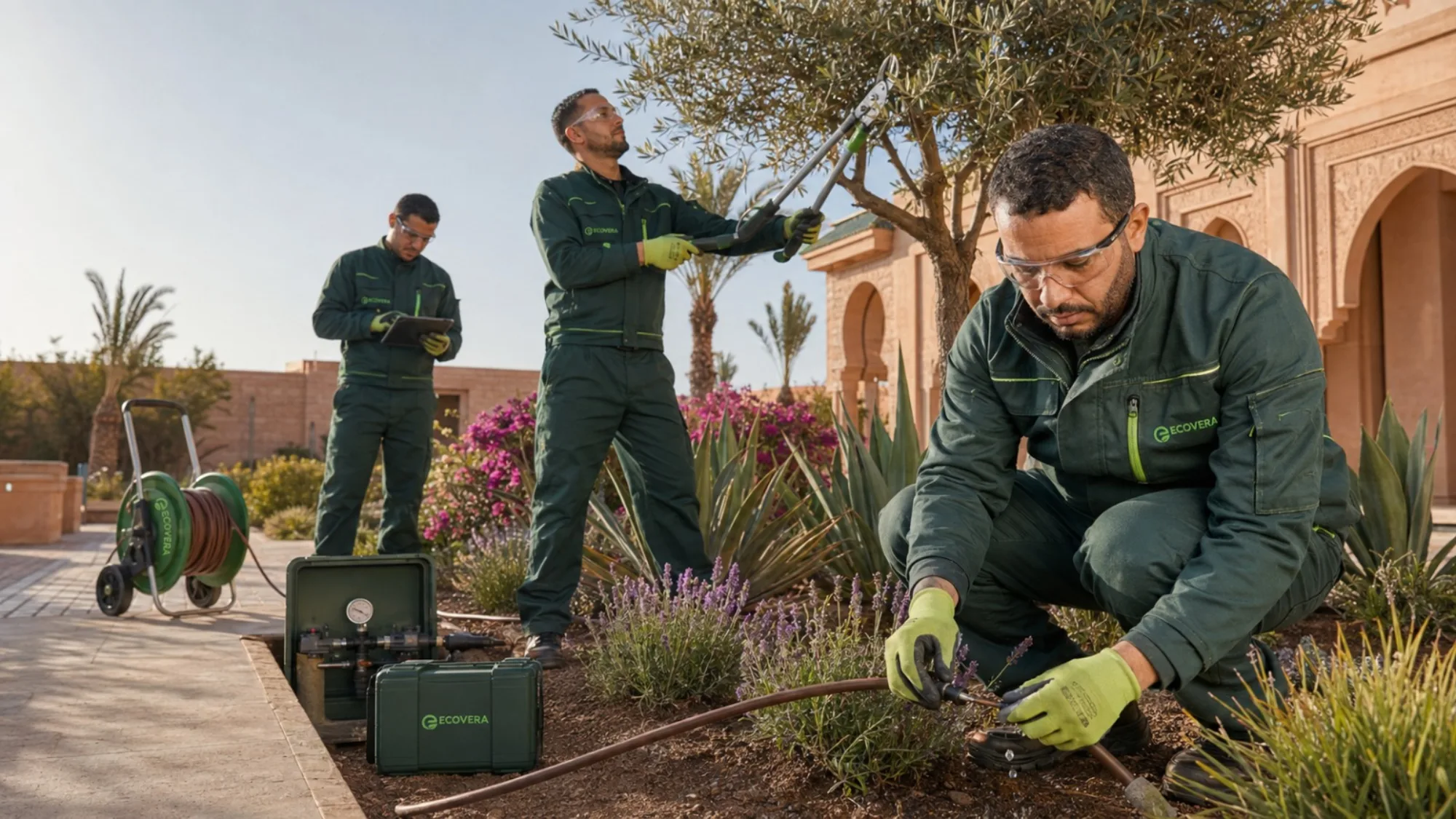 Technicien ECOVERA raccordant un tuyau de goutte-à-goutte dans un massif