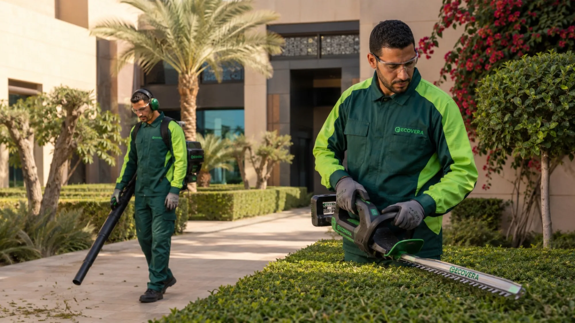 Jardinier ECOVERA taillant une haie à la cisaille électrique près d'un riad