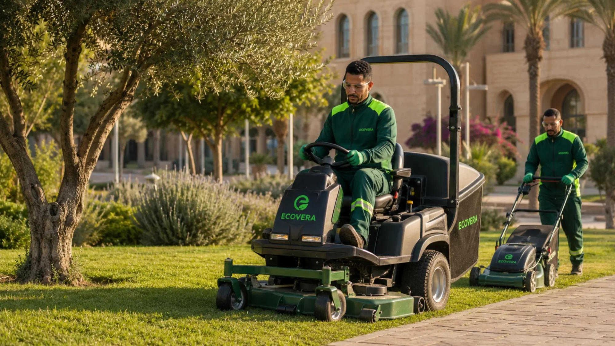 Équipe ECOVERA entretenant une pelouse arborée devant un bâtiment marocain