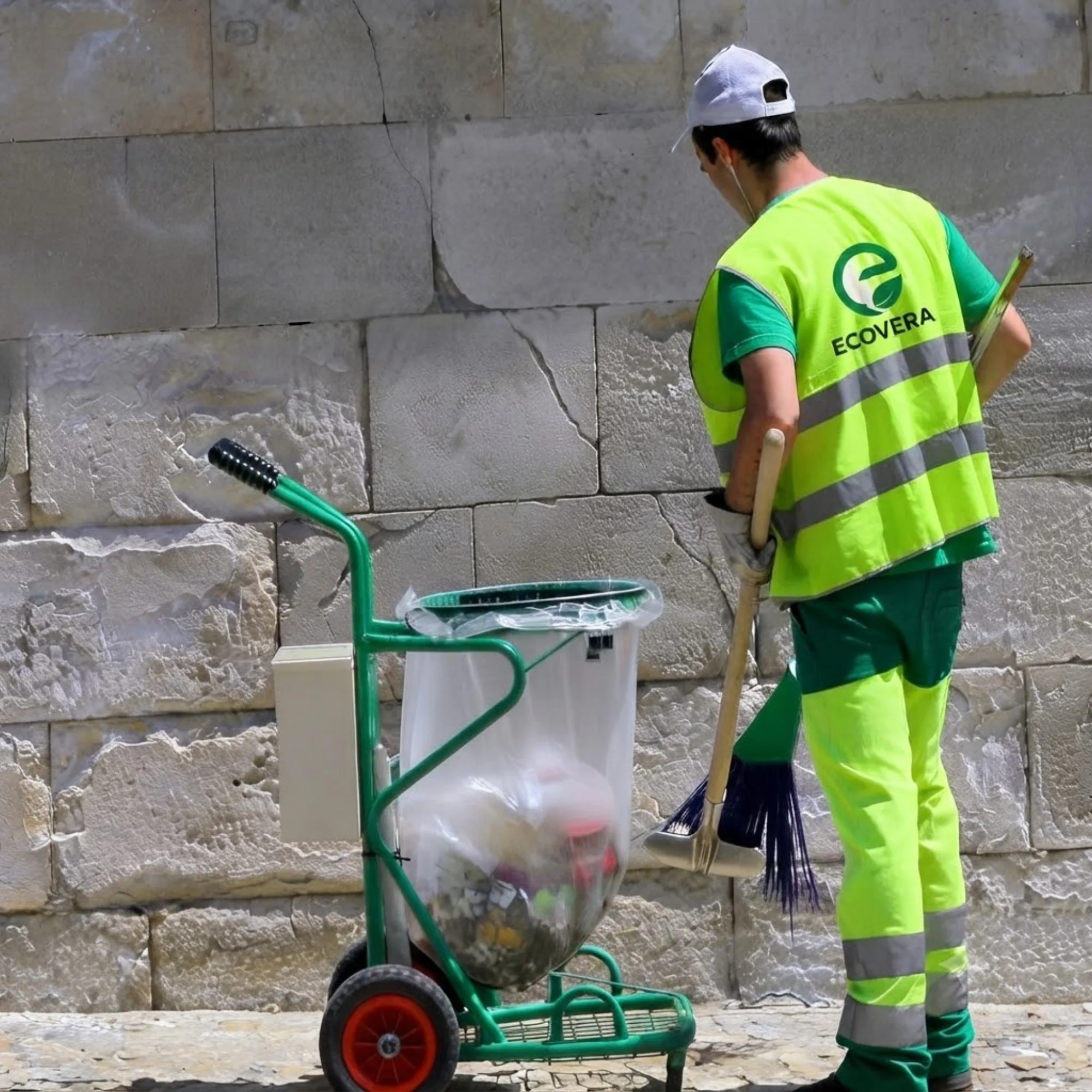 Agent ECOVERA en tenue haute visibilité effectuant une collecte manuelle