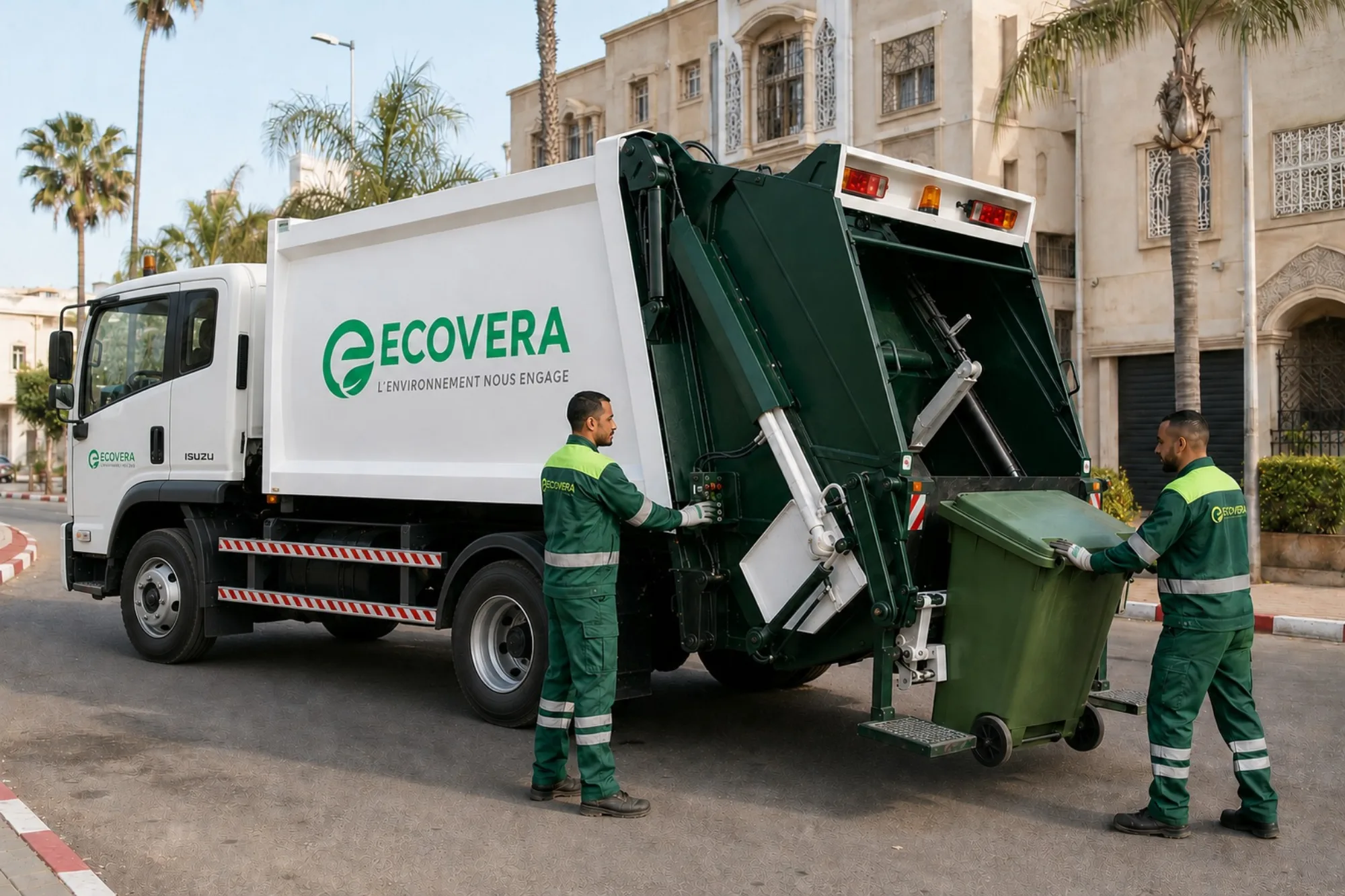 Agents ECOVERA collectant un bac roulant depuis un camion-benne au Maroc