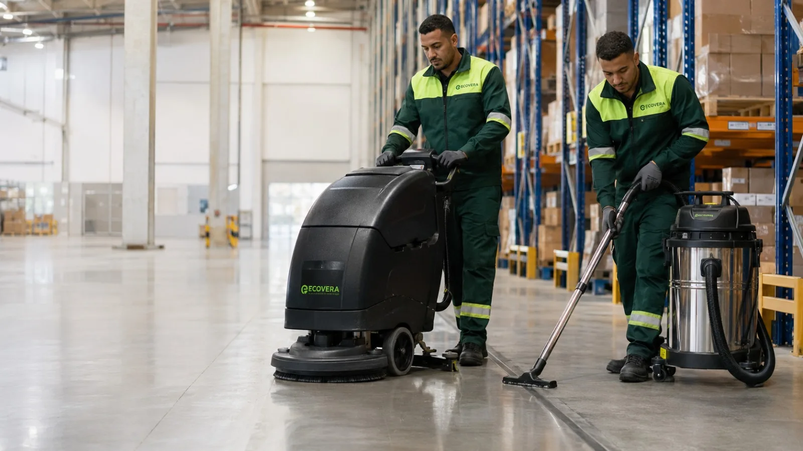 Agent ECOVERA effectuant un nettoyage industriel au Maroc